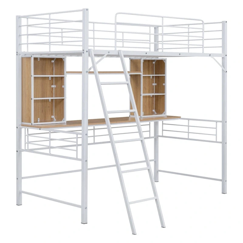 Letto a soppalco singolo con scrivania e mensola, letto a soppalco con scaletta, singolo, nero