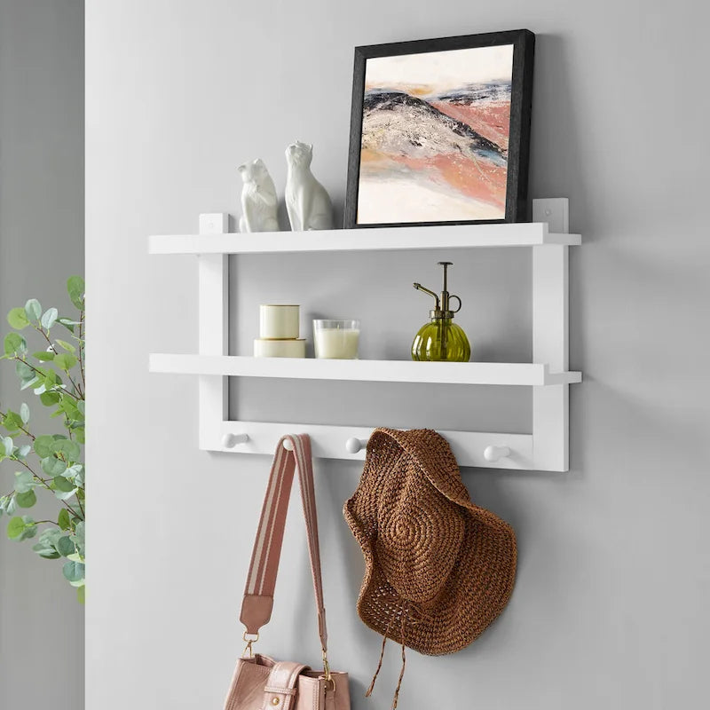 Mensola da Parete a 2 Livelli con 5 Ganci Appenditi | Organizzatore per Ingresso e Bagno