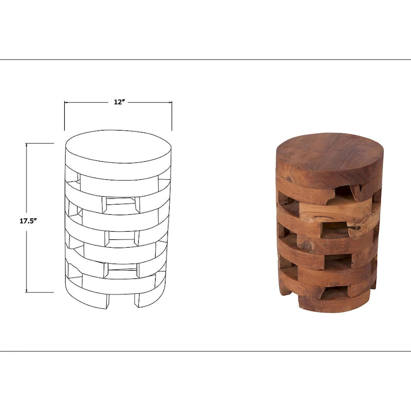 Tavolino rotondo artigianale in legno di teak | Design a tamburo con doghe aperte | Provenienza sostenibile