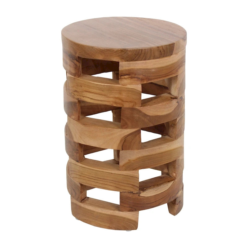 Tavolino rotondo artigianale in legno di teak | Design a tamburo con doghe aperte | Provenienza sostenibile