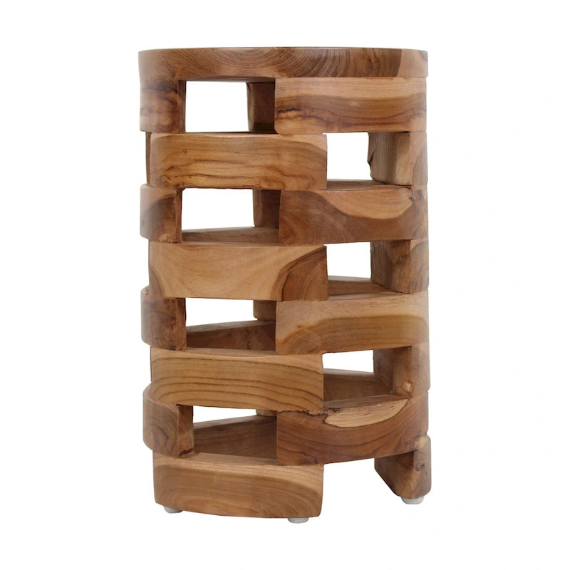 Tavolino rotondo artigianale in legno di teak | Design a tamburo con doghe aperte | Provenienza sostenibile