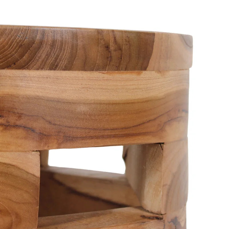 Tavolino rotondo artigianale in legno di teak | Design a tamburo con doghe aperte | Provenienza sostenibile