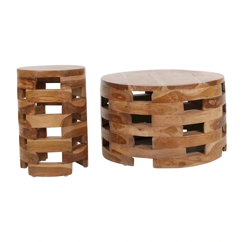 Tavolino rotondo artigianale in legno di teak | Design a tamburo con doghe aperte | Provenienza sostenibile