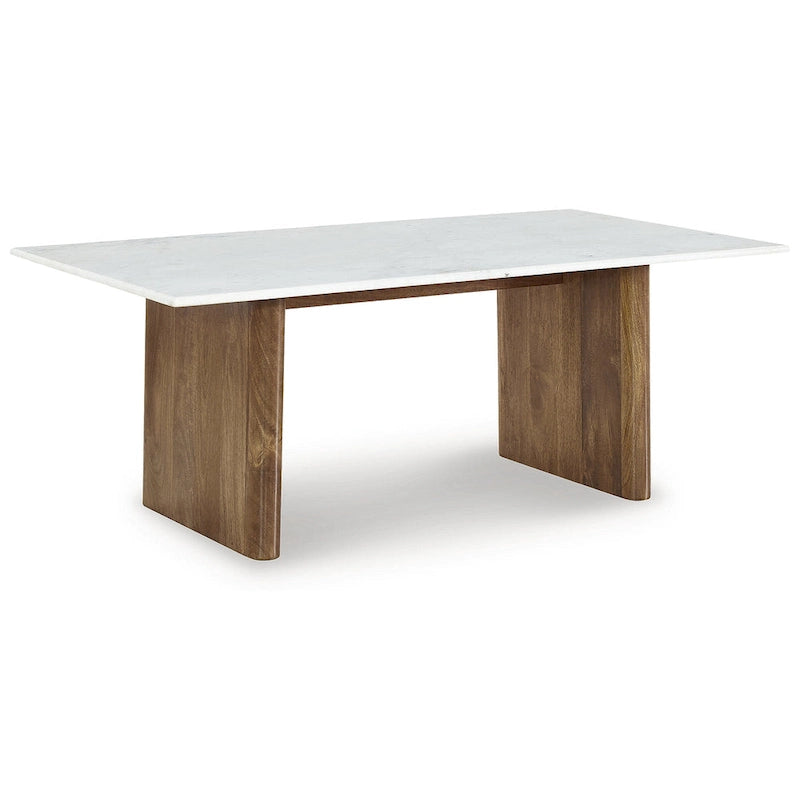 Tavolino in legno massello di mango con piano in marmo bianco naturale | 122 cm L x 66 cm P x 43 cm A