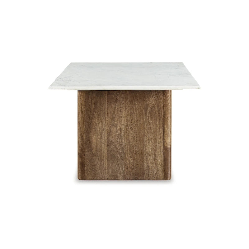 Tavolino in legno massello di mango con piano in marmo bianco naturale | 122 cm L x 66 cm P x 43 cm A