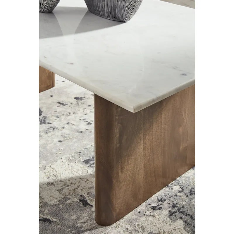 Tavolino in legno massello di mango con piano in marmo bianco naturale | 122 cm L x 66 cm P x 43 cm A