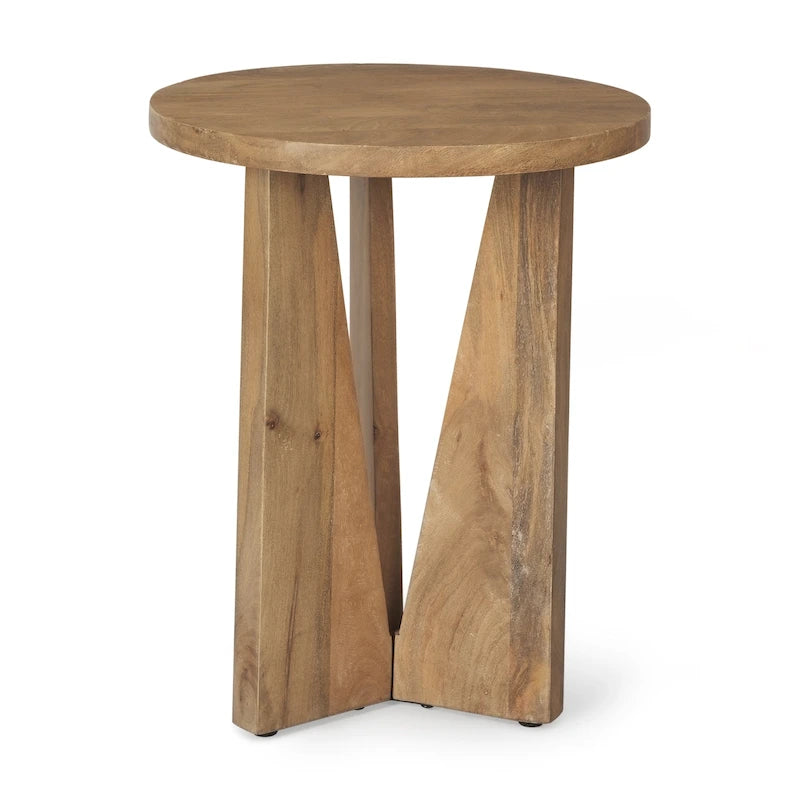 Tavolino rotondo in legno massello marrone chiaro | Base geometrica a 3 gambe | Stile moderno di metà secolo