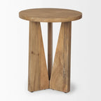 Tavolino rotondo in legno massello marrone chiaro | Base geometrica a 3 gambe | Stile moderno di metà secolo