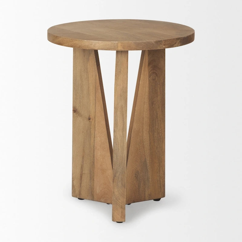 Tavolino rotondo in legno massello marrone chiaro | Base geometrica a 3 gambe | Stile moderno di metà secolo