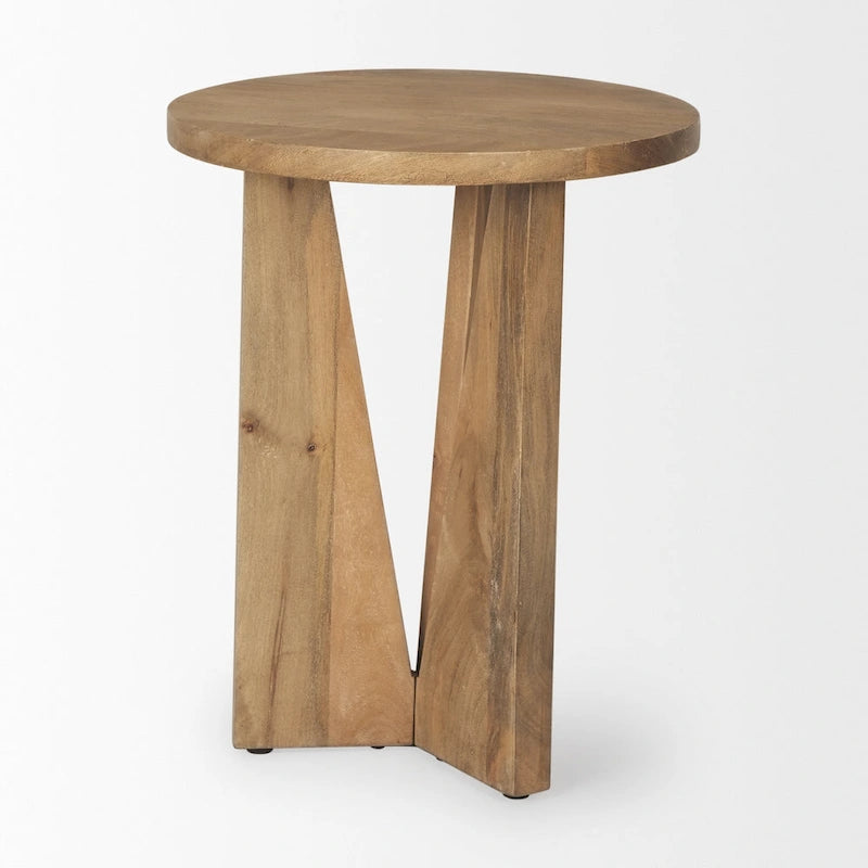 Tavolino rotondo in legno massello marrone chiaro | Base geometrica a 3 gambe | Stile moderno di metà secolo