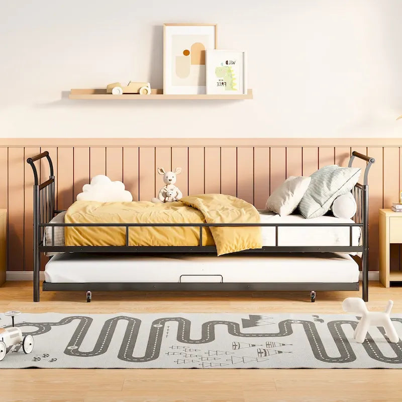 Divano Letto in Metallo Singolo con Maniglie Curve e Letto Estraibile Singolo