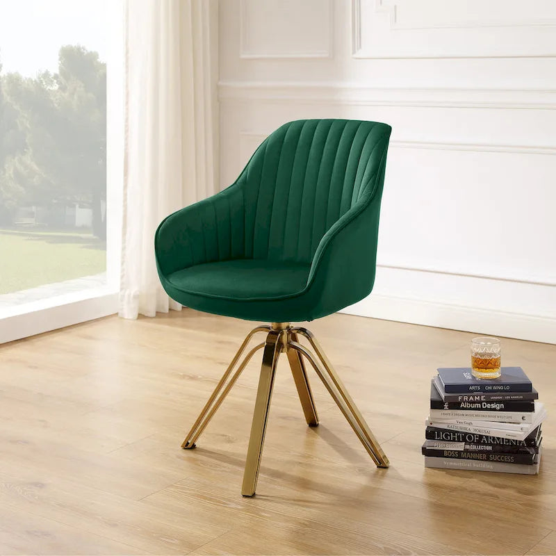 Poltrona moderna girevole in velluto | Schienale trapuntato | Base in metallo dorato | 130 kg