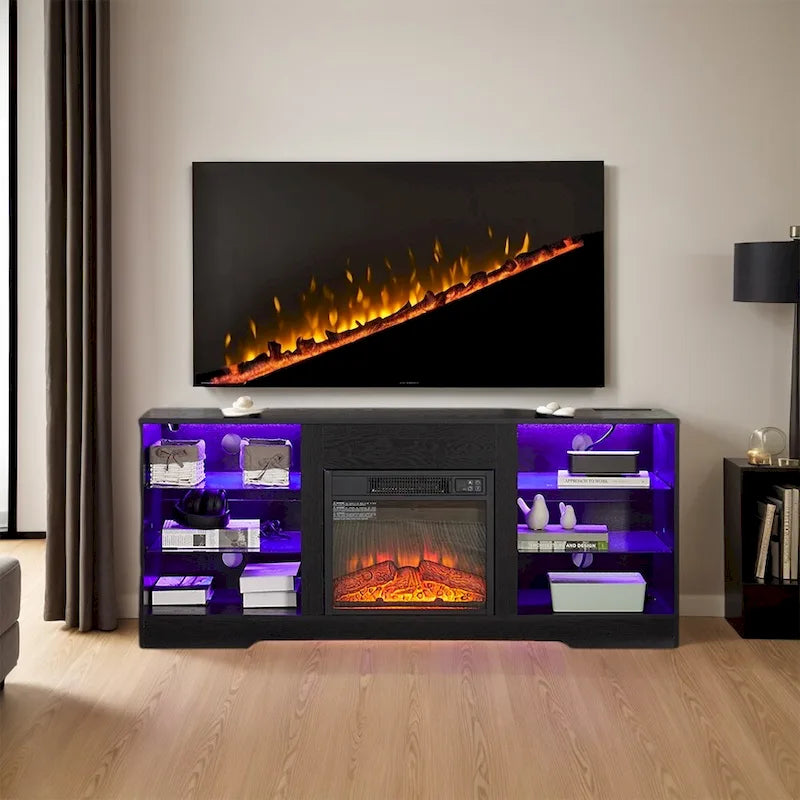 Mobile porta TV da 58" con camino da 18", luci a LED, presa USB - 58"L*15.5"P*24.4"H