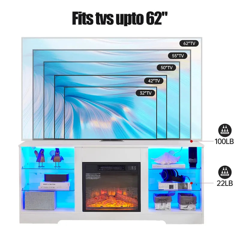 Mobile porta TV da 58" con camino da 18", luci a LED, presa USB - 58"L*15.5"P*24.4"H