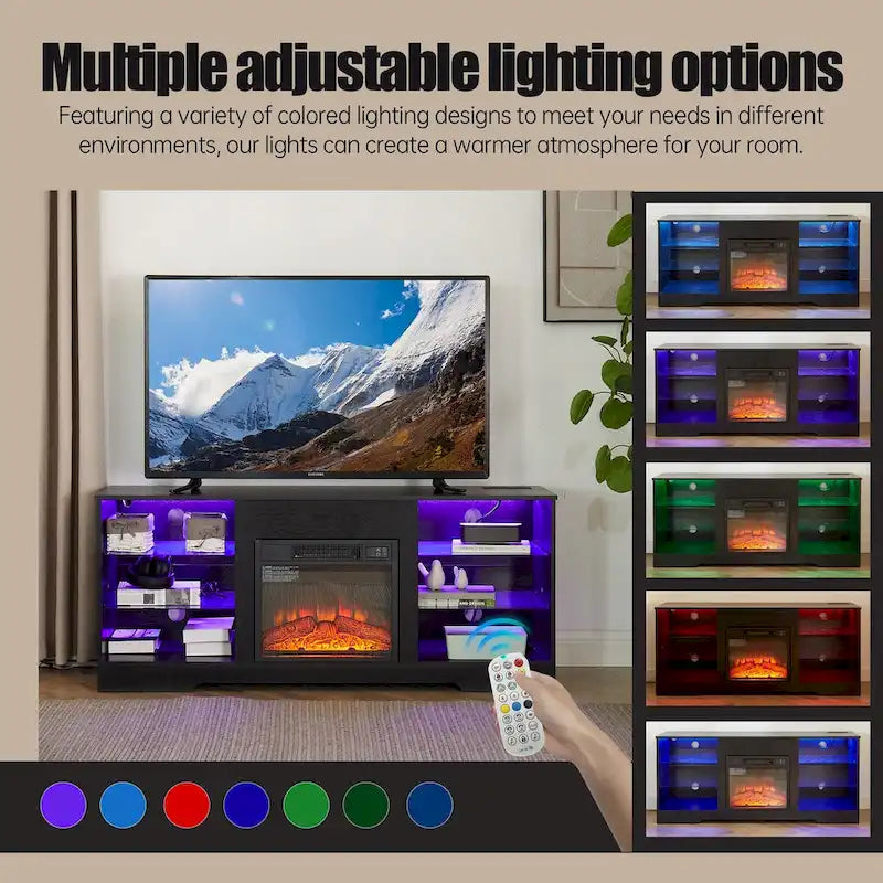 Mobile porta TV da 58" con camino da 18", luci a LED, presa USB - 58"L*15.5"P*24.4"H