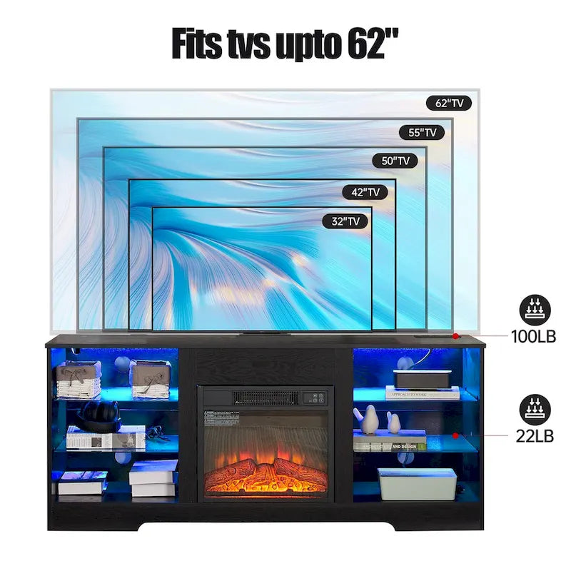 Mobile porta TV da 58" con camino da 18", luci a LED, presa USB - 58"L*15.5"P*24.4"H