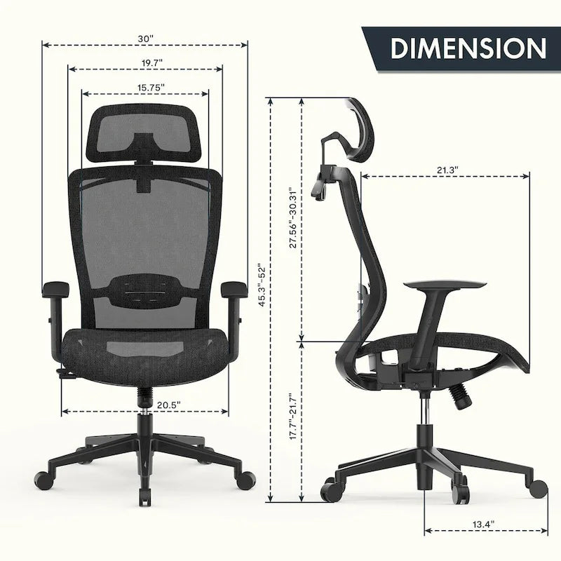 Sedia da Ufficio Ergonomica in Rete | Poggiatesta e Supporto Lombare Regolabili | Girevole a 360° | 100 kg
