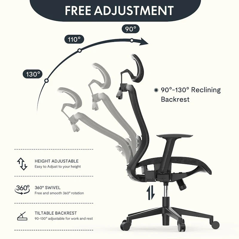 Sedia da Ufficio Ergonomica in Rete | Poggiatesta e Supporto Lombare Regolabili | Girevole a 360° | 100 kg