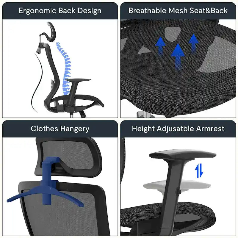 Sedia da Ufficio Ergonomica in Rete | Poggiatesta e Supporto Lombare Regolabili | Girevole a 360° | 100 kg
