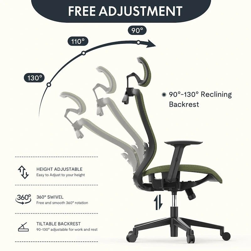 Sedia da Ufficio Ergonomica in Rete | Poggiatesta e Supporto Lombare Regolabili | Girevole a 360° | 100 kg