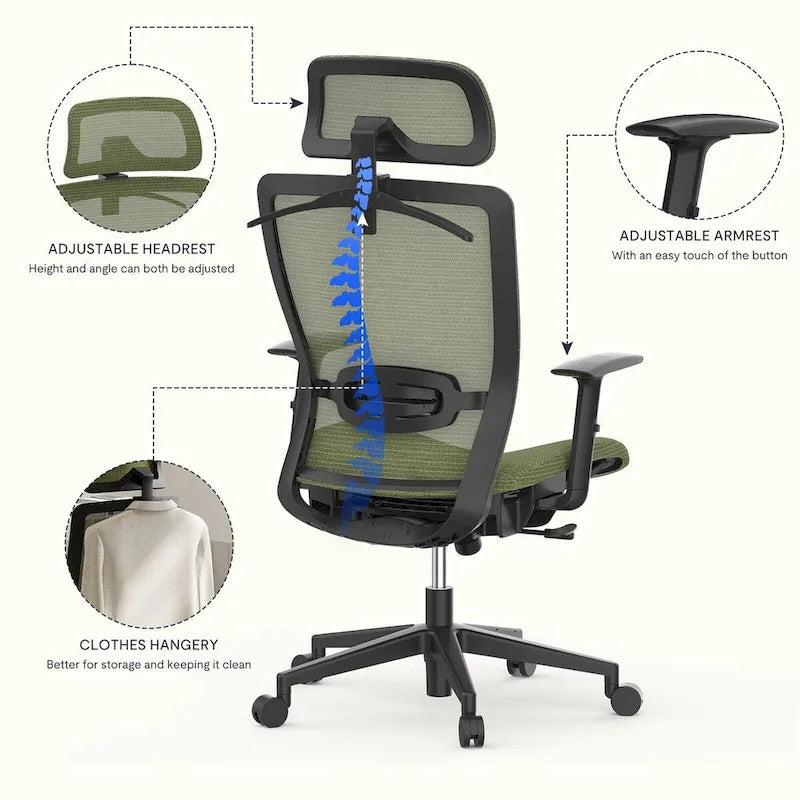 Sedia da Ufficio Ergonomica in Rete | Poggiatesta e Supporto Lombare Regolabili | Girevole a 360° | 100 kg