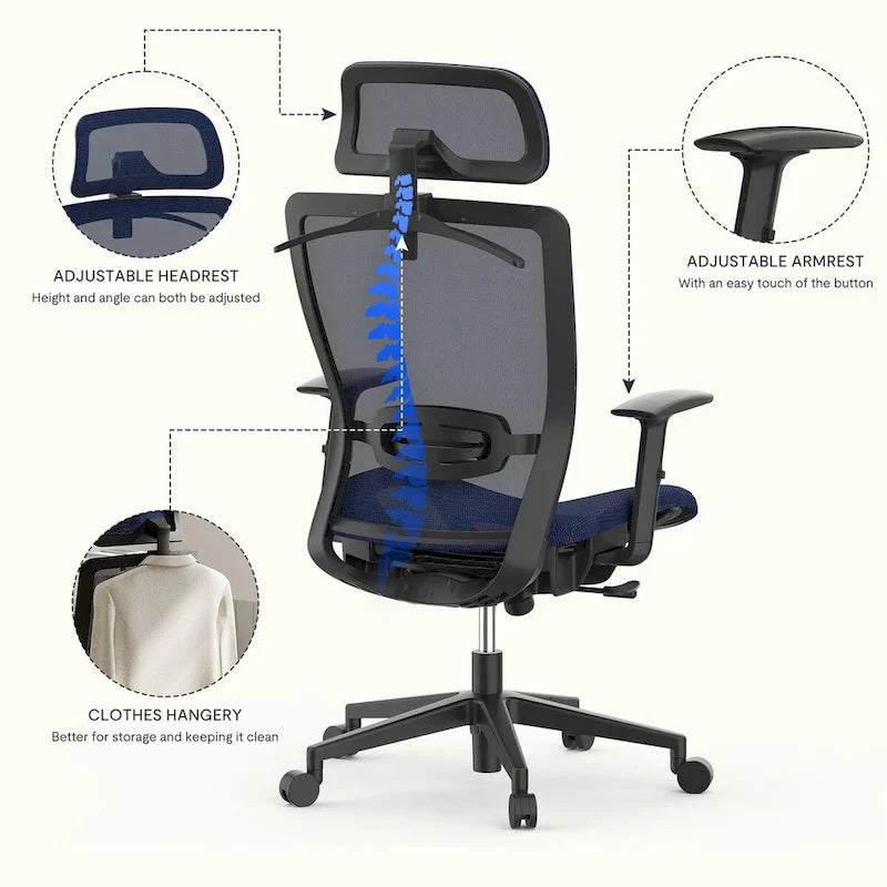 Sedia da Ufficio Ergonomica in Rete | Poggiatesta e Supporto Lombare Regolabili | Girevole a 360° | 100 kg