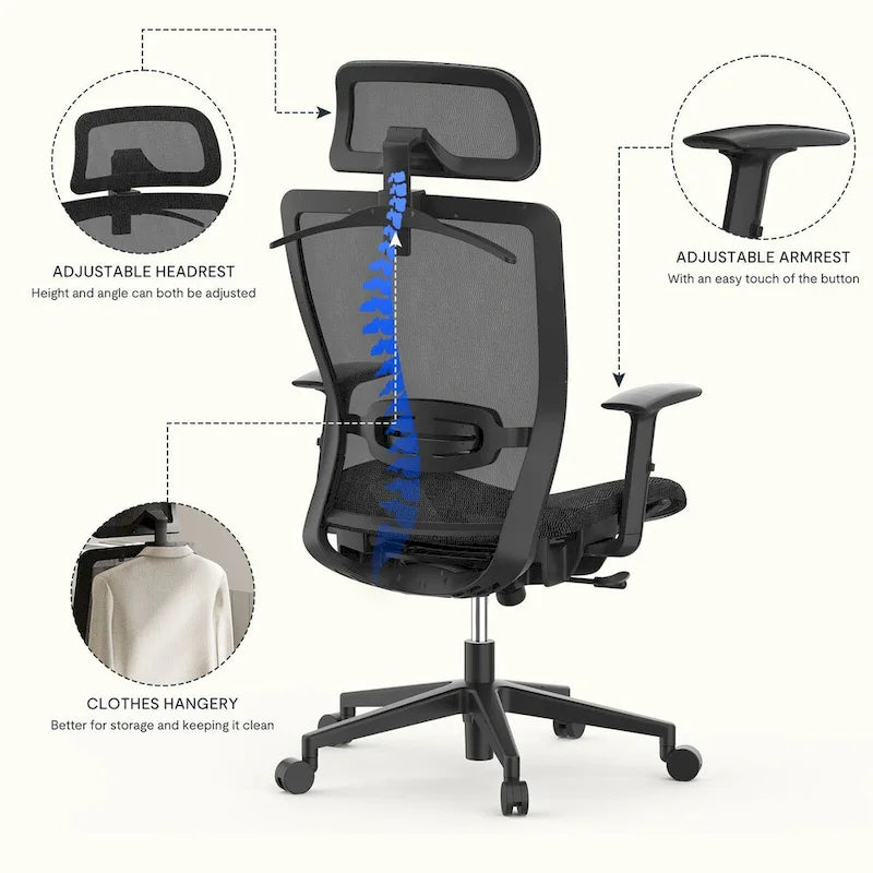 Sedia da Ufficio Ergonomica in Rete | Poggiatesta e Supporto Lombare Regolabili | Girevole a 360° | 100 kg