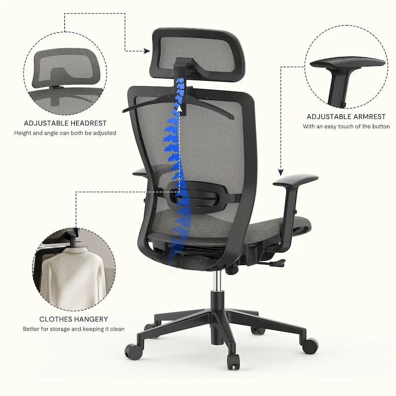 Sedia da Ufficio Ergonomica in Rete | Poggiatesta e Supporto Lombare Regolabili | Girevole a 360° | 100 kg