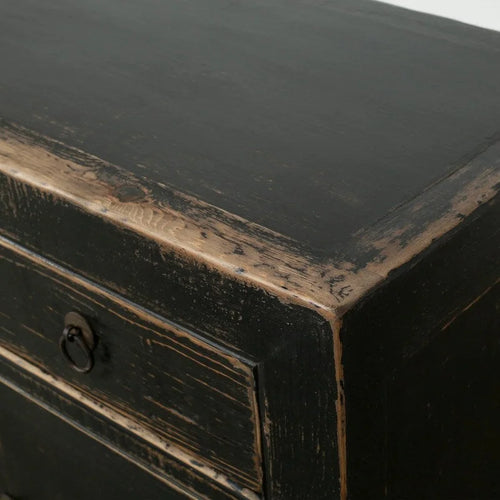 Mobiletto accentato a 2 cassetti | Finitura nera anticata | Stile rustico | 99 cm L x 46 cm P x 89 cm H