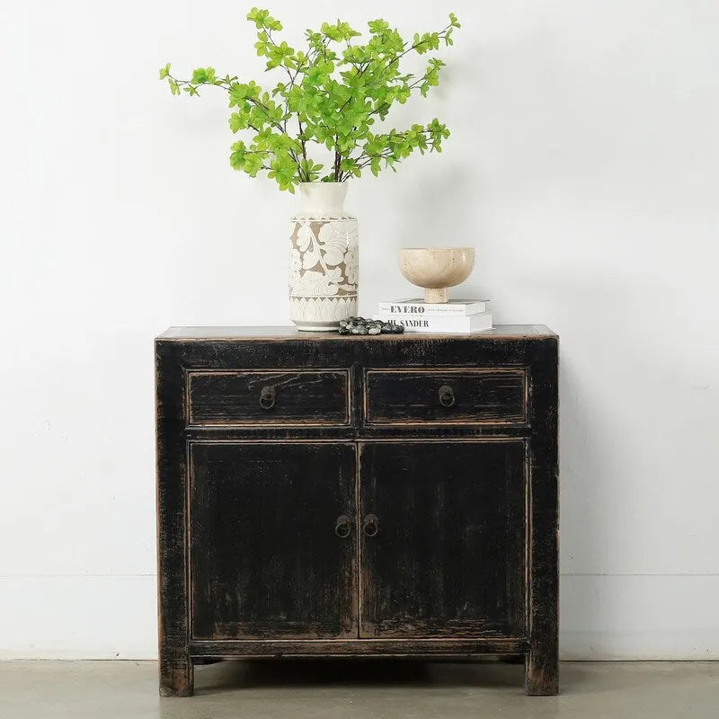 Mobiletto accentato a 2 cassetti | Finitura nera anticata | Stile rustico | 99 cm L x 46 cm P x 89 cm H