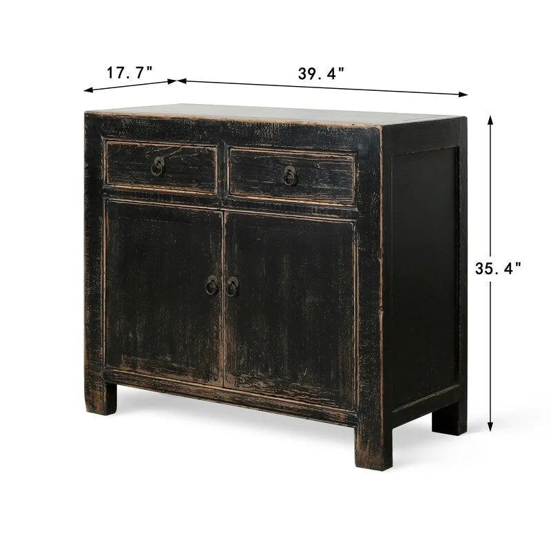 Mobiletto accentato a 2 cassetti | Finitura nera anticata | Stile rustico | 99 cm L x 46 cm P x 89 cm H